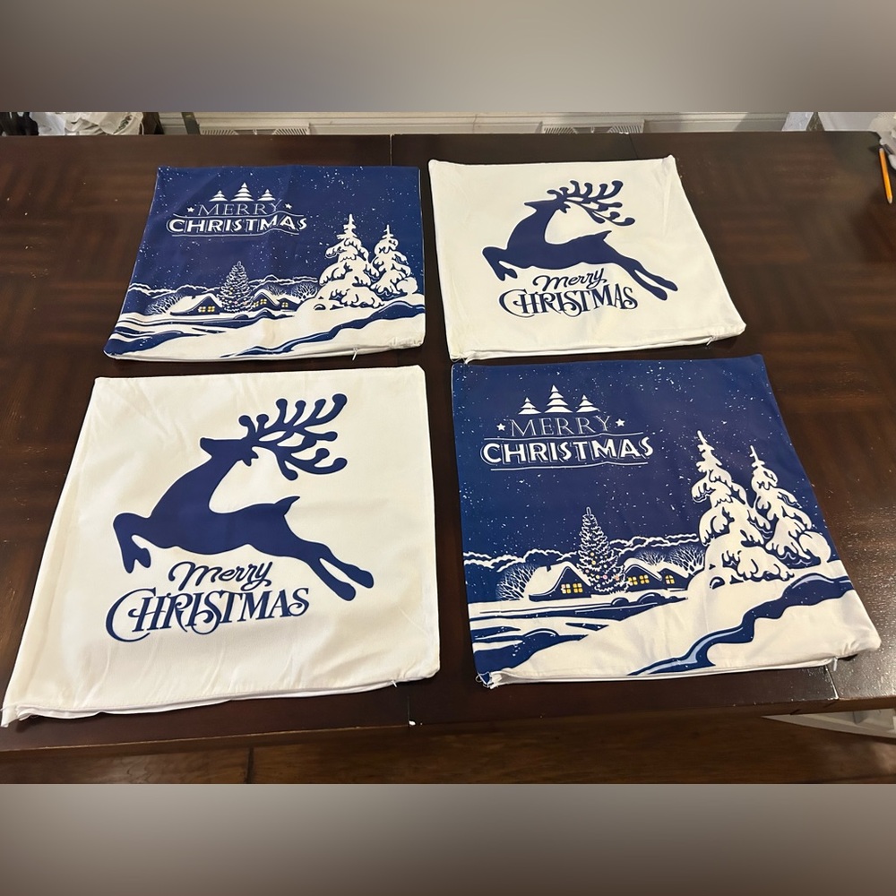 Blue Holiday Reindeer Pillowcase Set of 4 Throw Pillow Covers Christmas 18 x 18